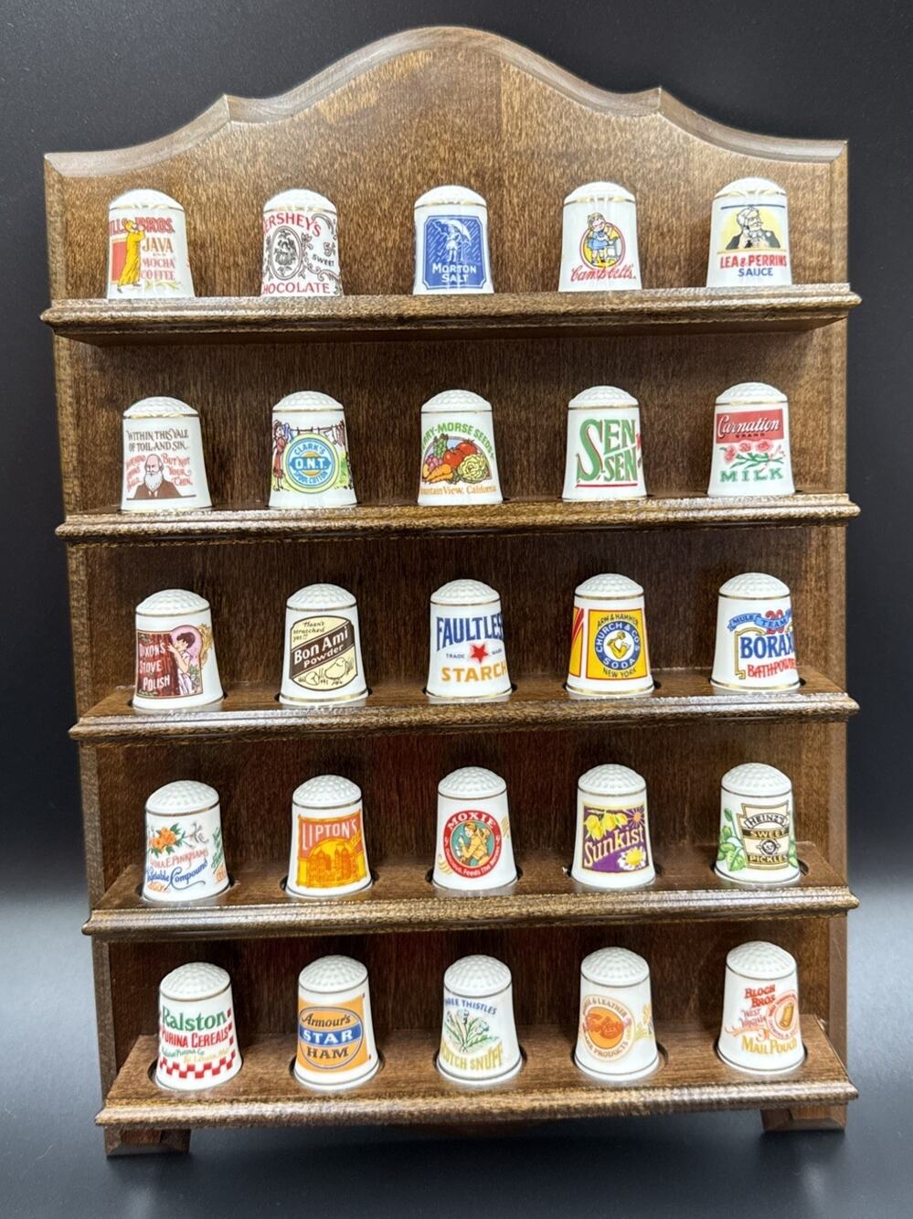 Vintage Franklin Porcelain 25 Advertising Thimble Wood Display Rack 1980 FP